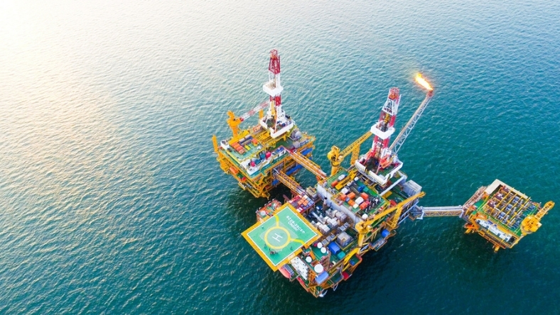 Aerial view of offshore drilling and production platform