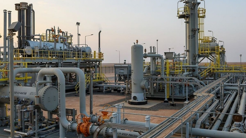 Industrial gas processing plant with pipelines, compressors and separation units
