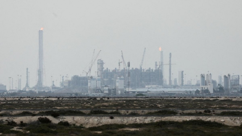 Large gas processing and LNG facility in desert landscape with flare stacks